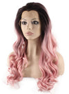 Long Wavy Hand Tied Lace Front Brown Pink Ombre Wavy Wig