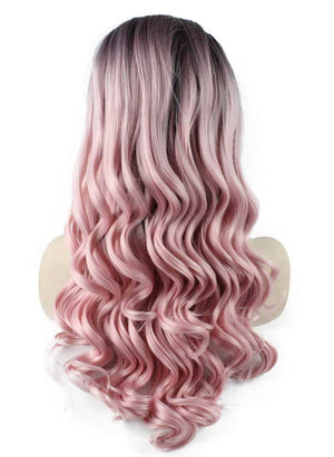 Long Wavy Hand Tied Lace Front Brown Pink Ombre Wavy Wig