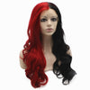 Long Wavy Half Red Black Two Tone Synthetic Lace Front Party Wig - EAZAZYWIG