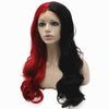 Long Wavy Half Red Black Two Tone Synthetic Lace Front Party Wig - EAZAZYWIG