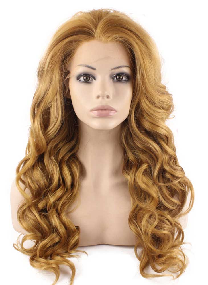 Long Wavy Blonde Mix Brown Lace Front Synthetic Hair Wig Natural