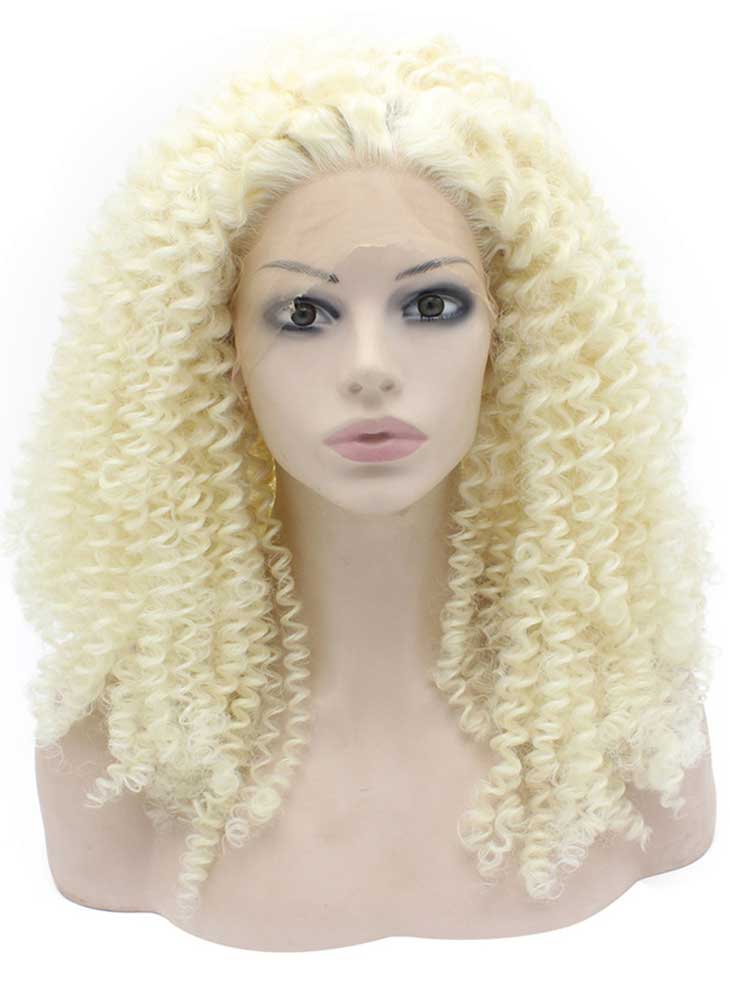 Long Platinum Blonde Curly Swiss Lace Front Wig Heat Resistant