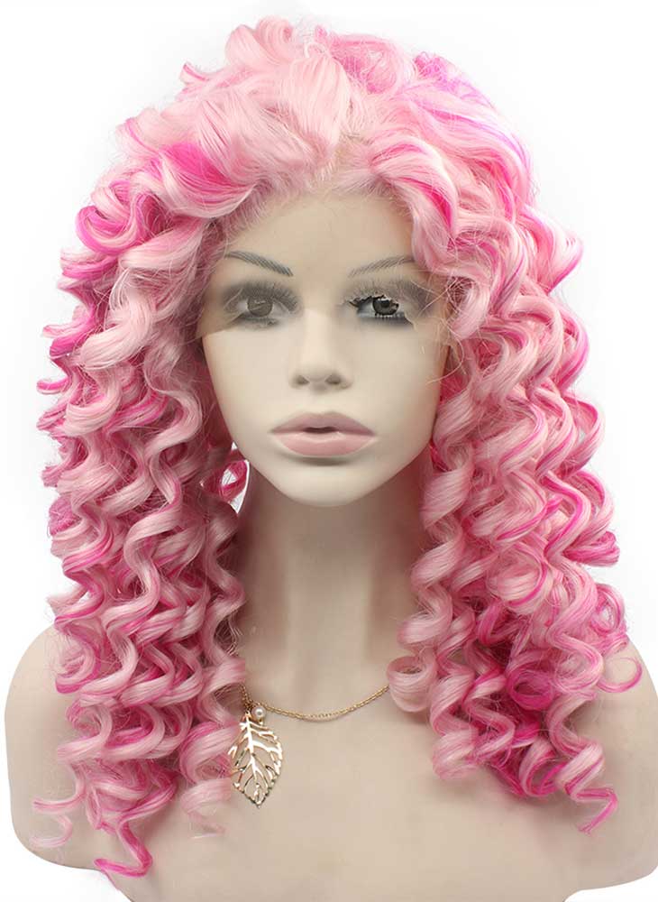 Long Pink Mix Two Tone Curly Swiss Lace Front Wig Heat Resistant