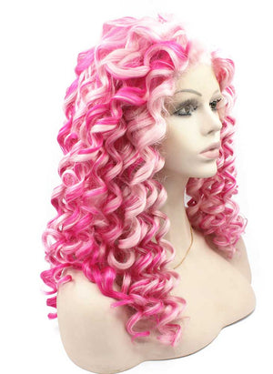 Long Pink Mix Two Tone Curly Swiss Lace Front Wig Heat Resistant