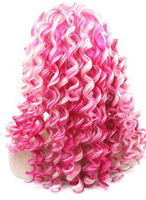 Long Pink Mix Two Tone Curly Swiss Lace Front Wig Heat Resistant