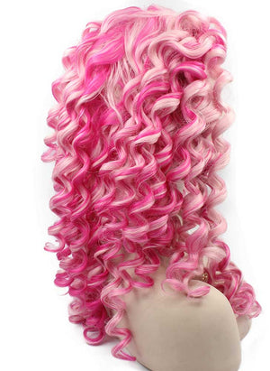 Long Pink Mix Two Tone Curly Swiss Lace Front Wig Heat Resistant