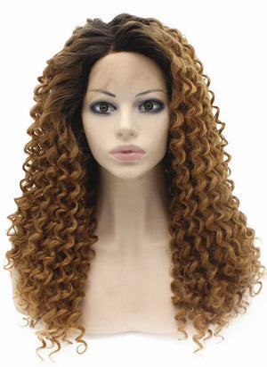 Long Dark Root Ombre Blonde Curly Swiss Lace Front Wig Synthetic