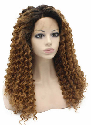 Long Dark Root Ombre Blonde Curly Swiss Lace Front Wig Synthetic