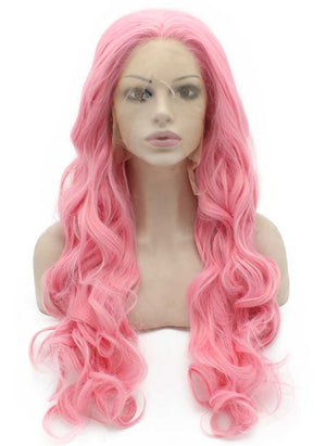 Long Wavy Pink Swiss Lace Front Party Wig Synthetic Heat Resistant