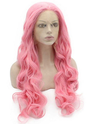 Long Wavy Pink Swiss Lace Front Party Wig Synthetic Heat Resistant