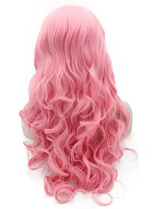 Long Wavy Pink Swiss Lace Front Party Wig Synthetic Heat Resistant