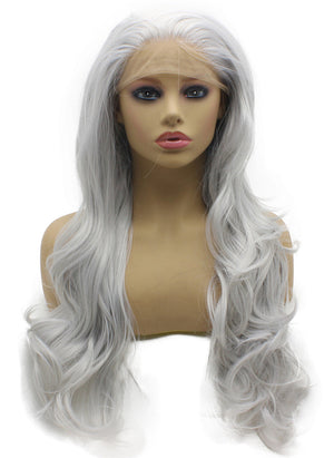 Long Wavy Sliver Hand Tied Lace Front Synthetic Wig