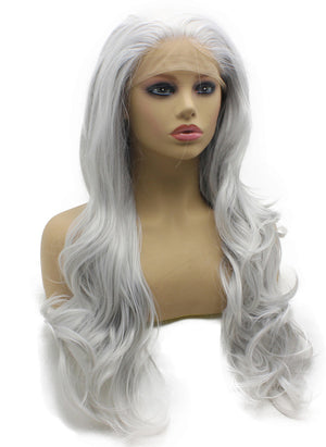 Long Wavy Sliver Hand Tied Lace Front Synthetic Wig