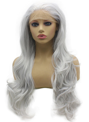 Long Wavy Sliver Hand Tied Lace Front Synthetic Wig