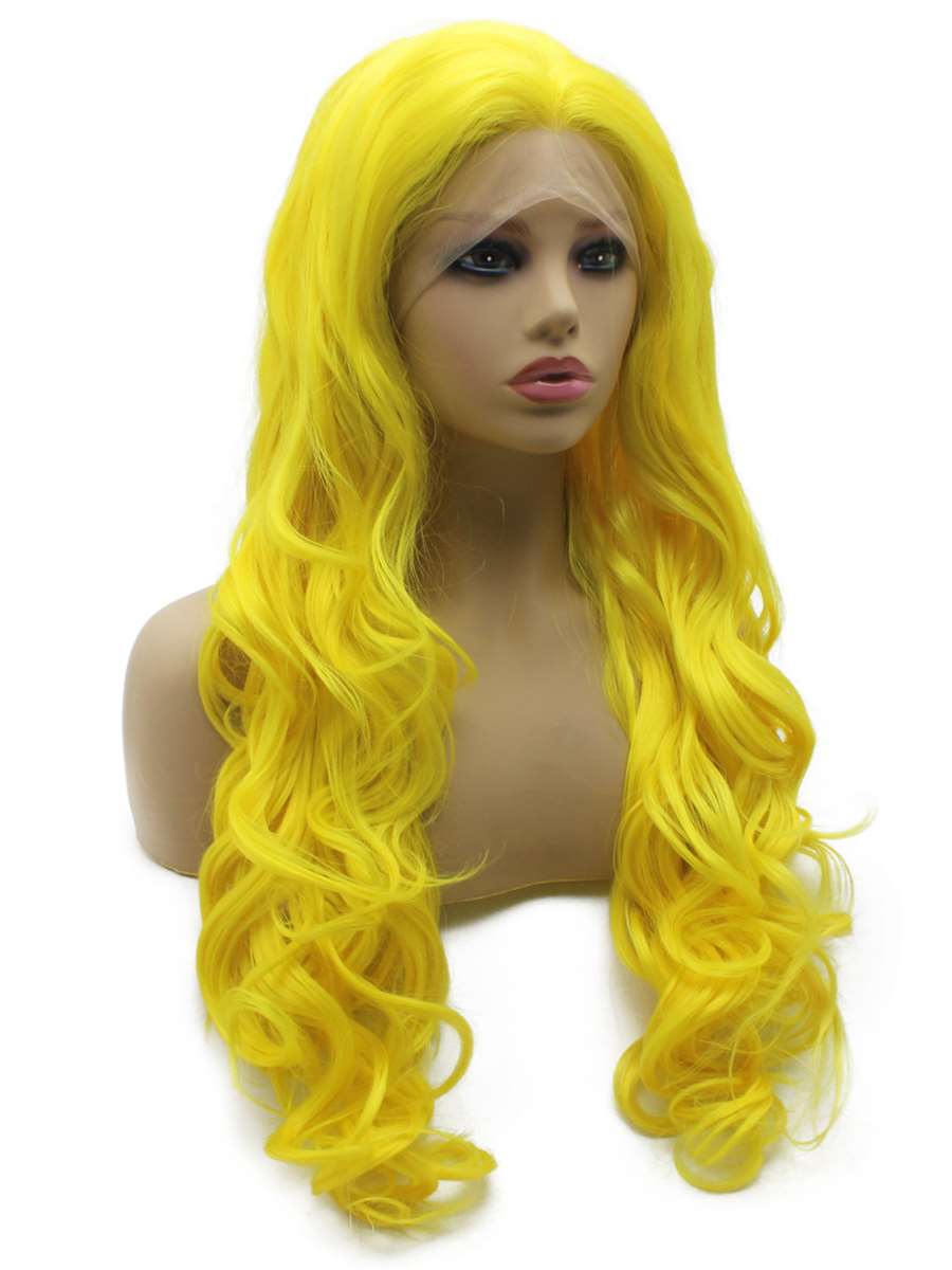 Long Wavy Hand Tied Lace Front Yellow Cosplay Party Wig